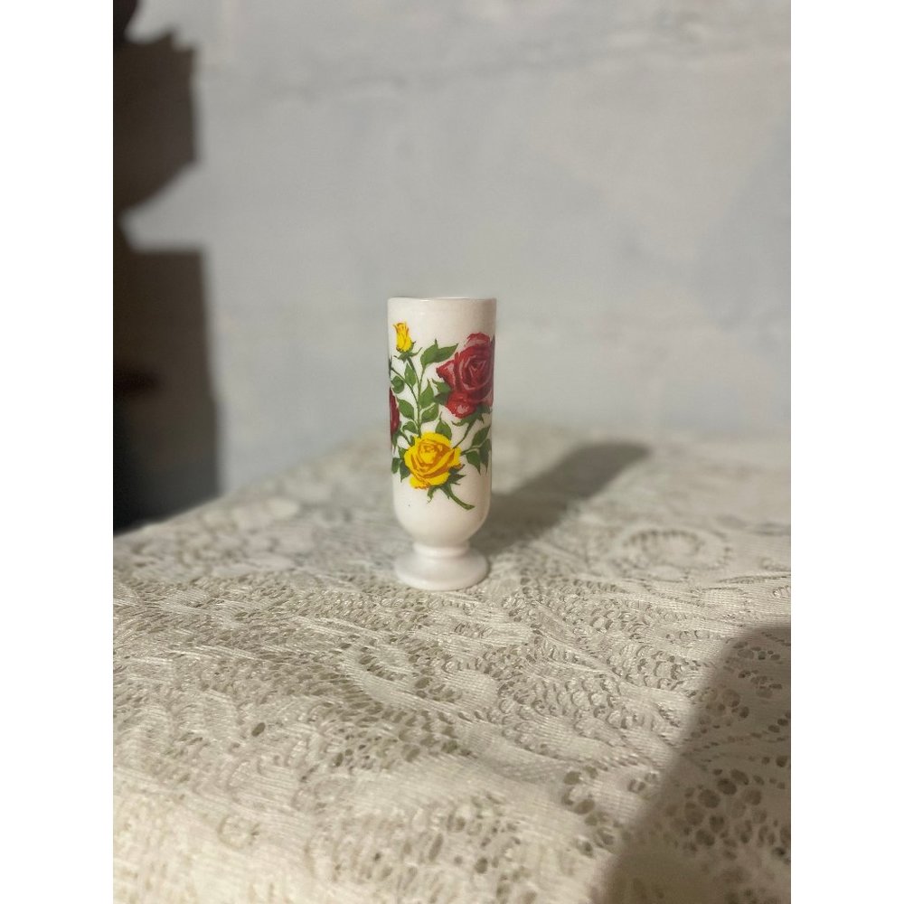 Vintage Milk Glass Vase Red Yellow Roses Romantic Dressing Table Cottagecore